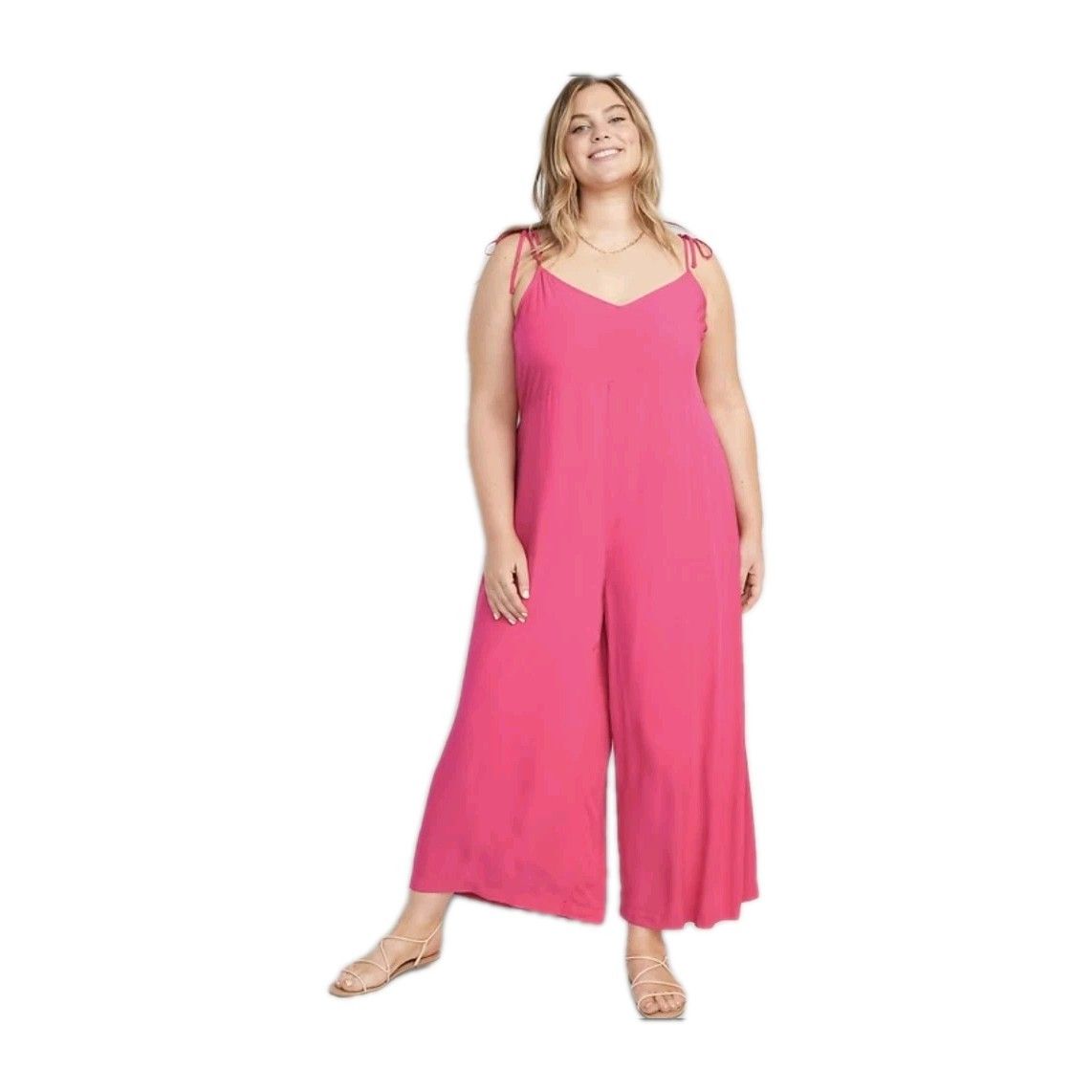 Old Navy Loose Cropped Tie-Shoulder V-Neck Cami Jumpsuit Pink Size L Euc